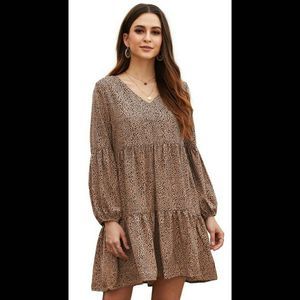 Boho chic ruffle dress animal print brown spring fall dress Boutique style